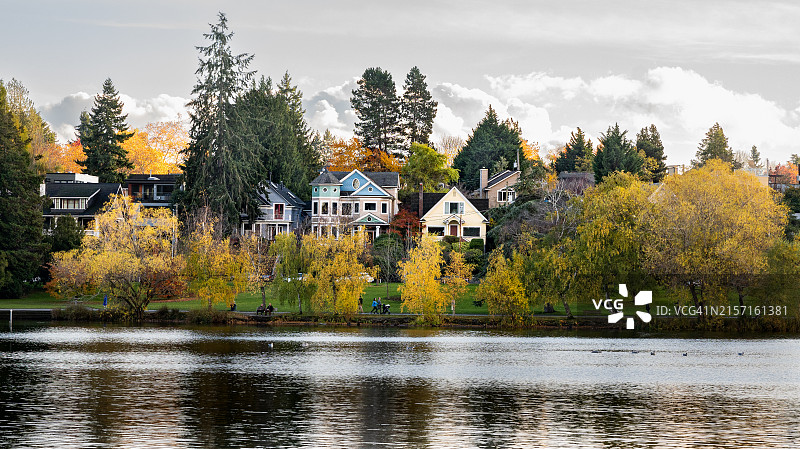 美国华盛顿州西雅图湖边的房屋景观图片素材