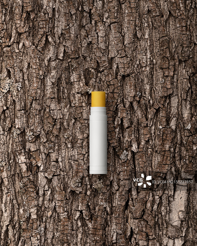树皮上的卫生唇膏。天然润唇膏包装模型。唇部护理化妆品。留白。零浪费概念。俯视图图片素材