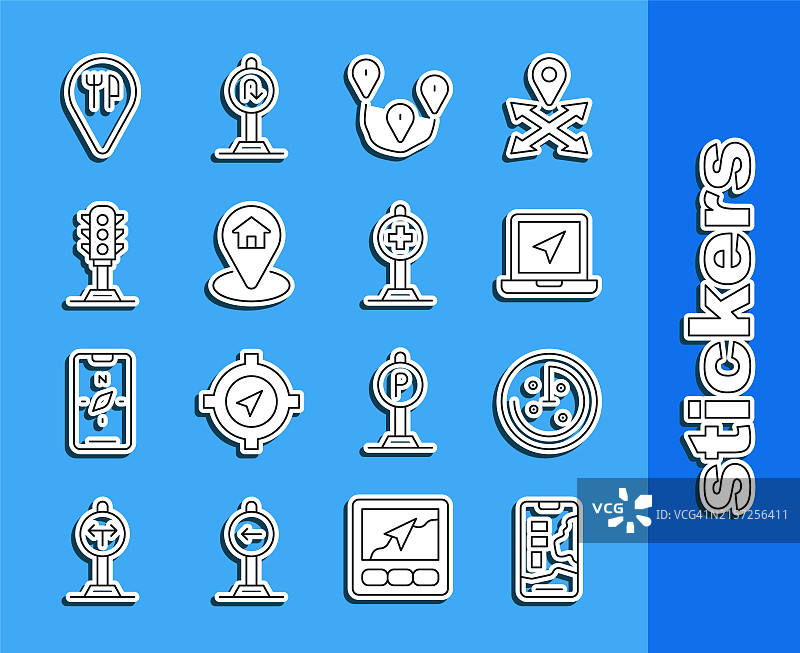 城市地图导航、雷达目标监控、笔记本电脑定位标记、路线、房屋位置等图标图片素材