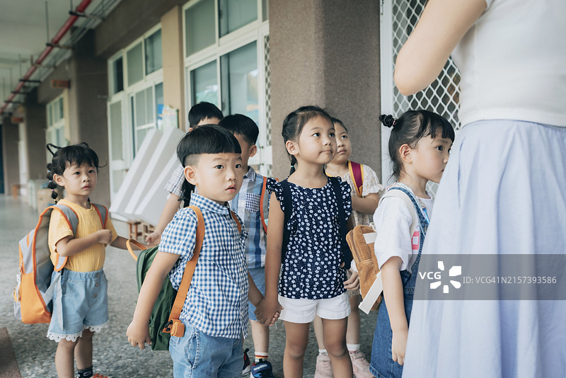 一位幼儿园老师小心地将学生排成一队，引导他们等待进入教室。孩子们安静地站着，期待地听从老师的指示。图片素材