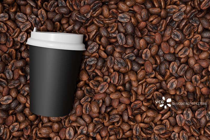黑色纸质咖啡杯和烤咖啡豆背景，外带咖啡，3D图案，模板、设计元素，文本和文案空间图片素材