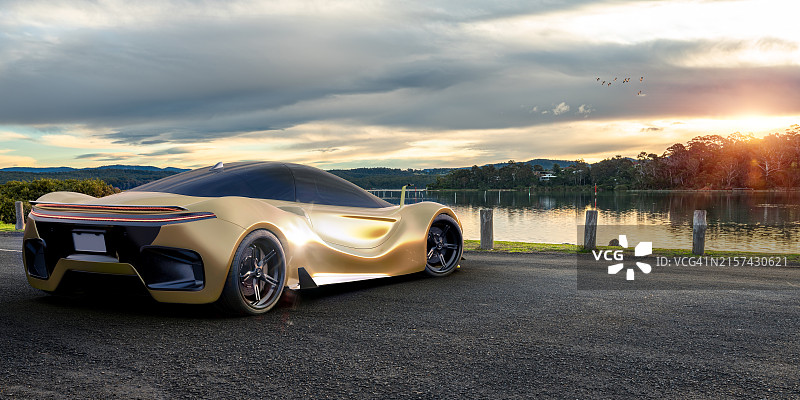 停在湖边的通用黄色电动跑车图片素材