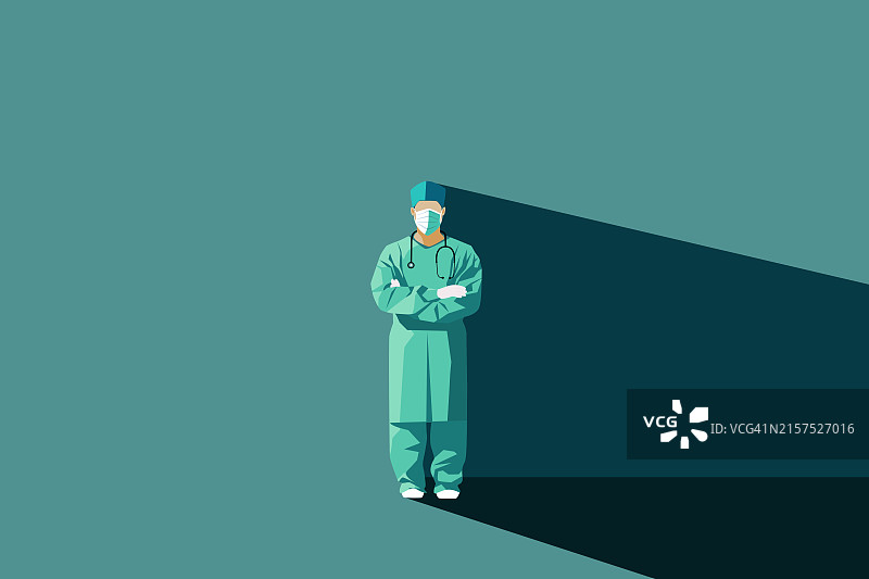 医疗保健插画概念展示了一个医生在手术制服站在绿色背景。图片素材