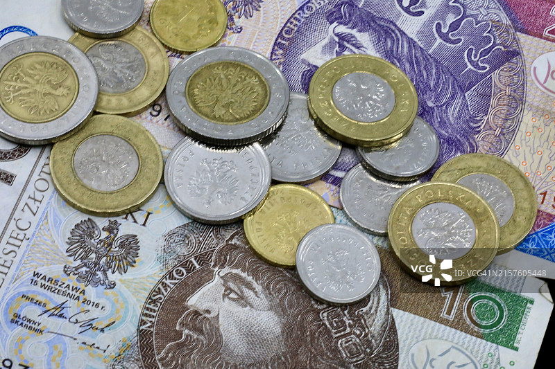 波兰兹罗提（PLN）纸币和硬币图片素材