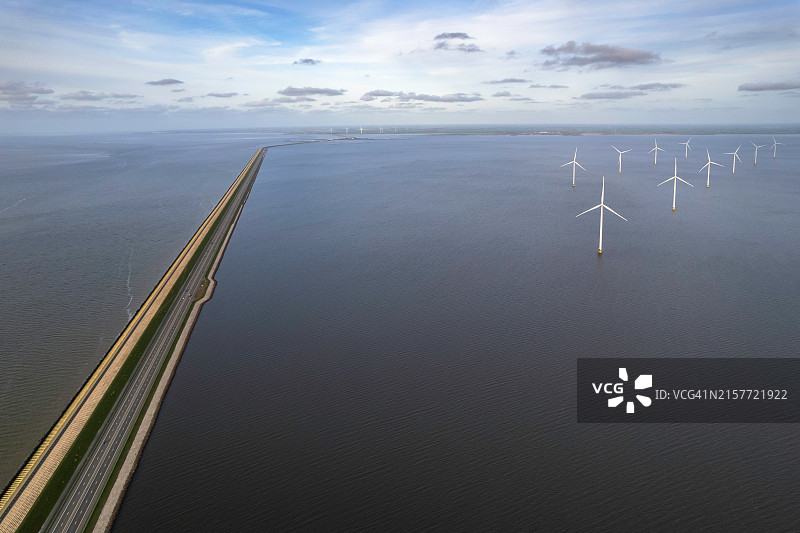 荷兰防洪设施和风力涡轮机的抽象航拍图图片素材