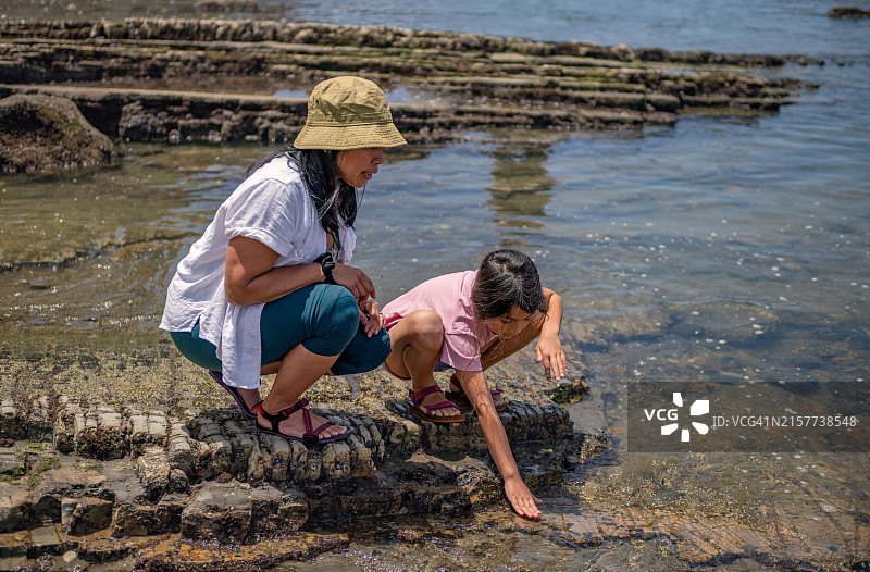 母女潮汐池探险图片素材