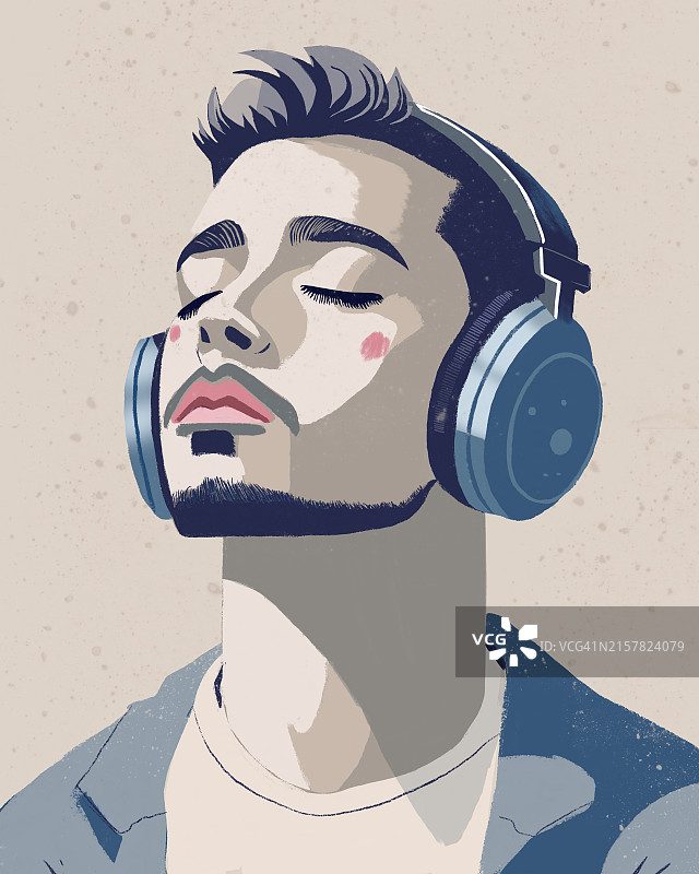 闭着眼睛用耳机听音乐的年轻男人的数字插图图片素材