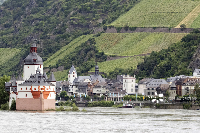 莱茵河上的普法尔茨格拉芬施泰因城堡和考布村的葡萄园图片素材