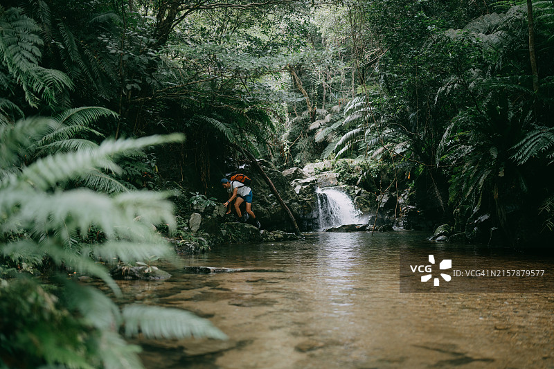 徒步穿越丛林河流的男人图片素材