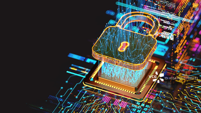 数字安全概念：保护数据，CPU上的锁形标志图片素材