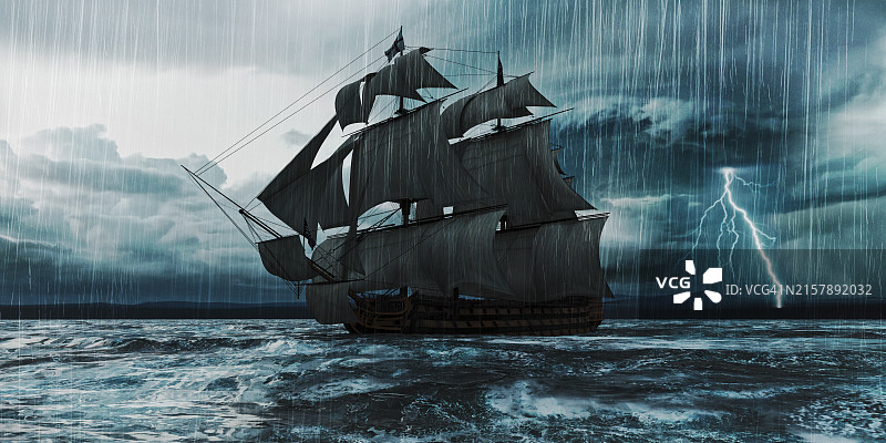 暴风雨中的旧帆船图片素材