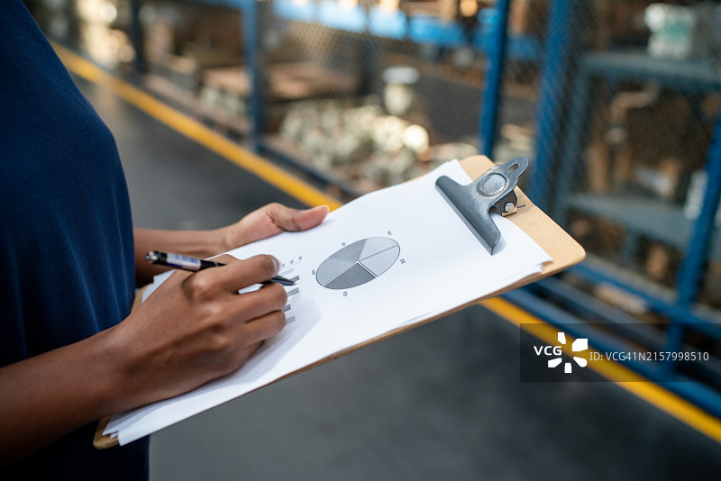 在仓库里拿着股票图表的女人特写图片素材