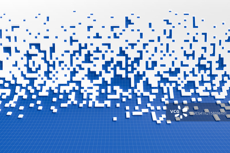 蓝色弧形网格背景上消退的像素化表面图片素材