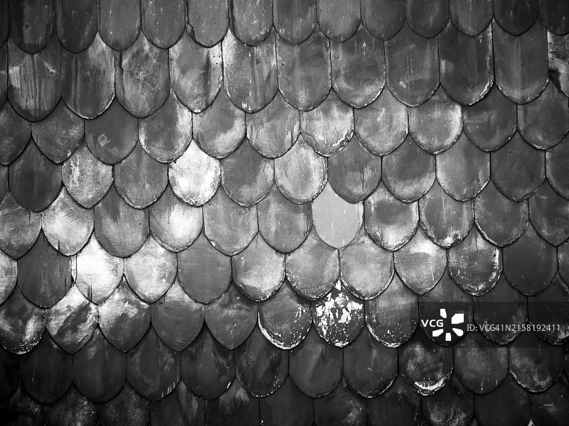 灰色和黑色铜绿板岩墙。葡萄牙波尔图一栋老房子的山墙特写。阳光。黑和白。图片素材