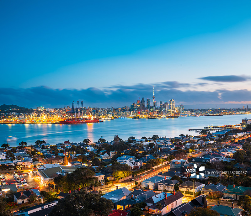 日落后的奥克兰市天际线图片素材