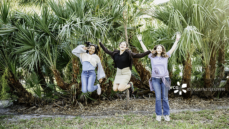 三个快乐微笑的不同肤色少女的滑稽跳跃合影图片素材