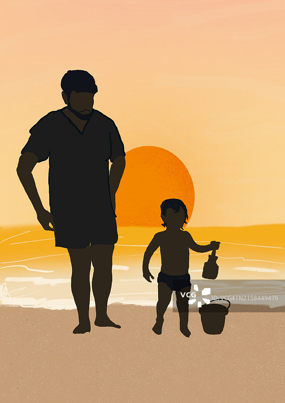 父女在日落时分的海边玩耍图片素材
