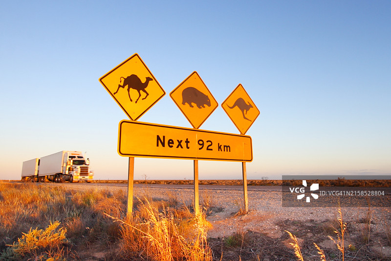 澳大利亚主要高速公路附近关于骆驼、袋熊和袋鼠的道路警告标志图片素材