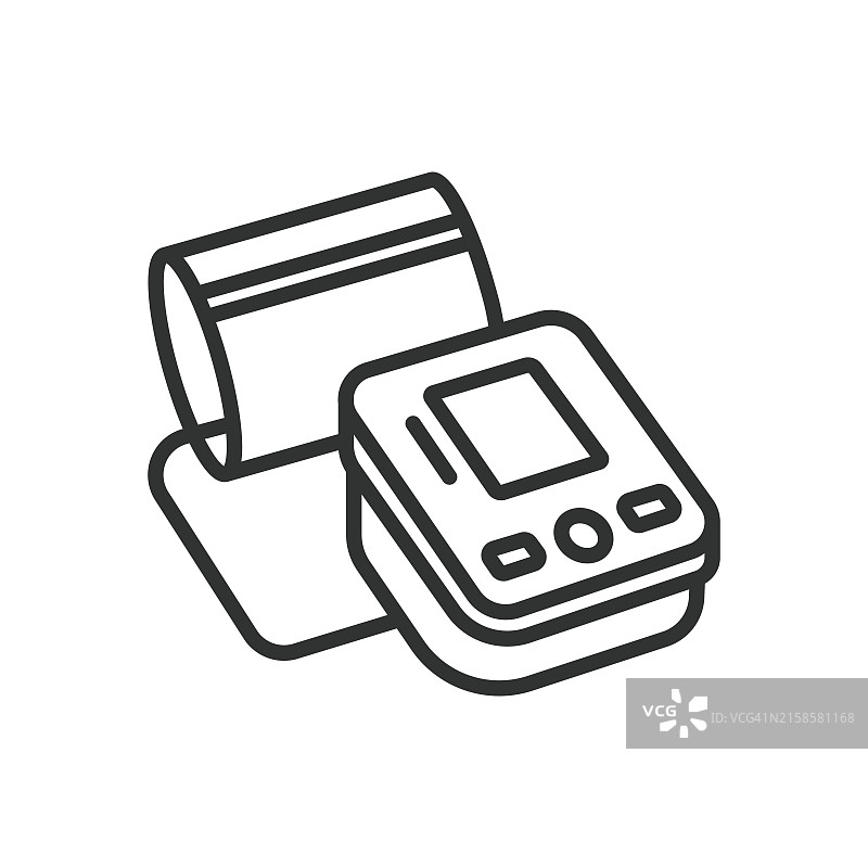 血压测量线性设计矢量图。包含血液、血压计、袖带、健康监测等元素，白色背景，可编辑描边图标。图片素材