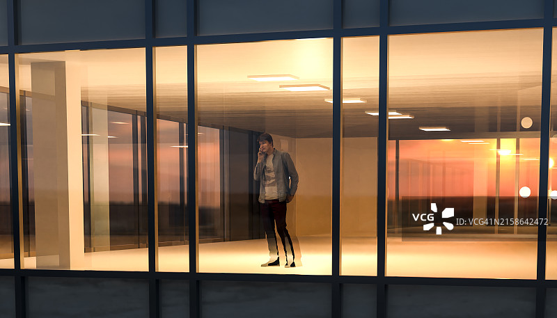 建筑外观：一人身着休闲装站在玻璃窗前打电话（正面渲染图）图片素材