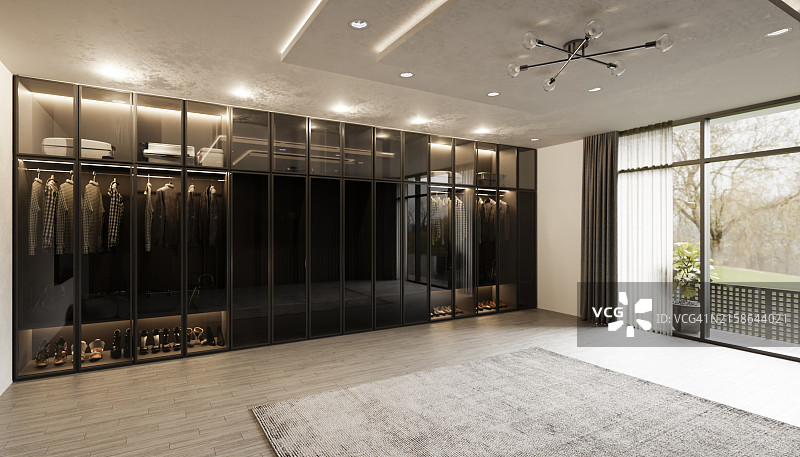 空房间里带玻璃门衣柜的侧视图，背景是庭院图片素材