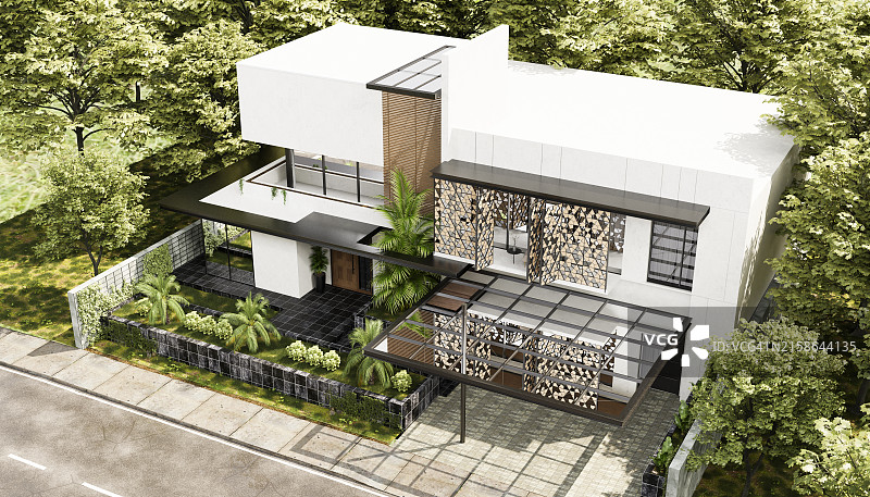 浅棕色砂石建筑的外部，带有白色屋顶和周围有树木的花园的3D图像（高角度）图片素材