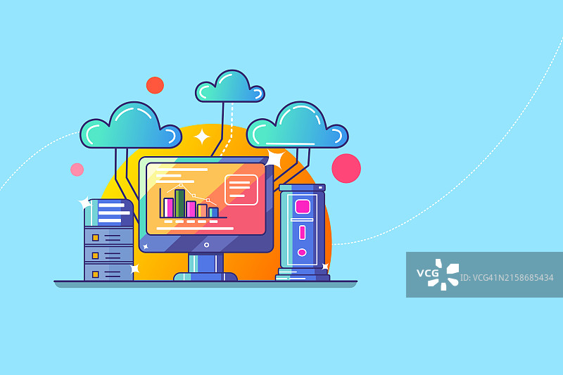 云存储数据概念插画：人们通过无线技术将数据保存到云服务存储中，用于存储大数据。图片素材