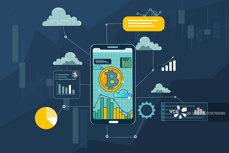 金融投资图示概念，展示人们通过无线技术使用智能手机交易比特币等加密货币，云服务将数据和信息存储到大型存储器中的抽象图片素材