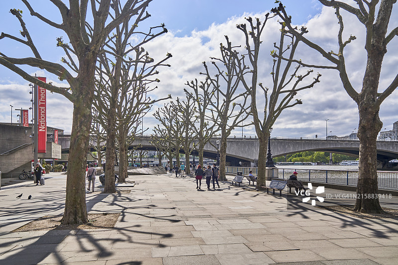 伦敦南岸中心的国家剧院和悬铃木，英国图片素材