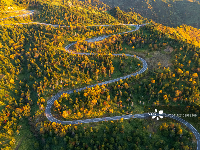 长野美丽的秋景和山路鸟瞰图片素材