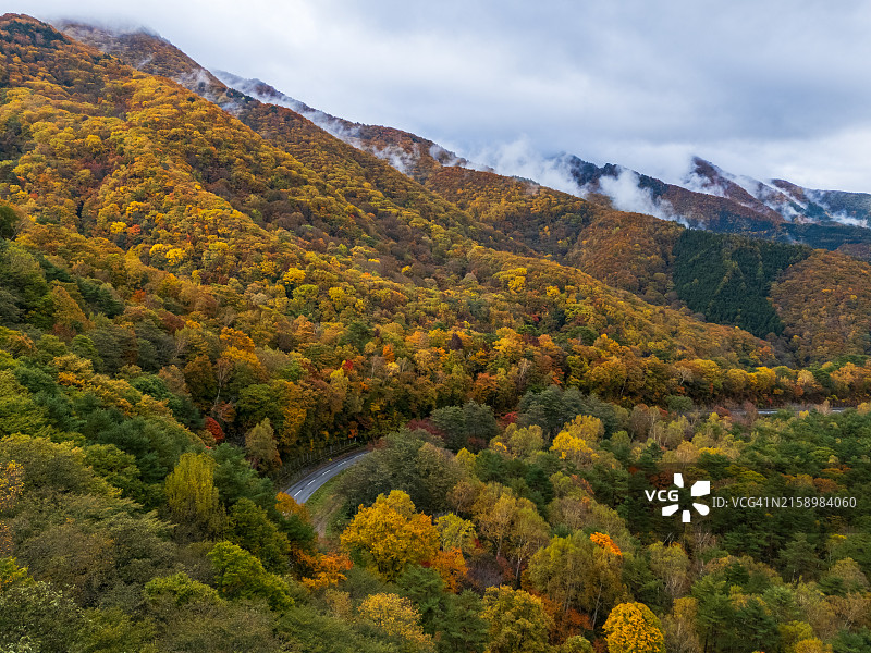 秋季山间蜿蜒公路和彩色景观航拍图片素材