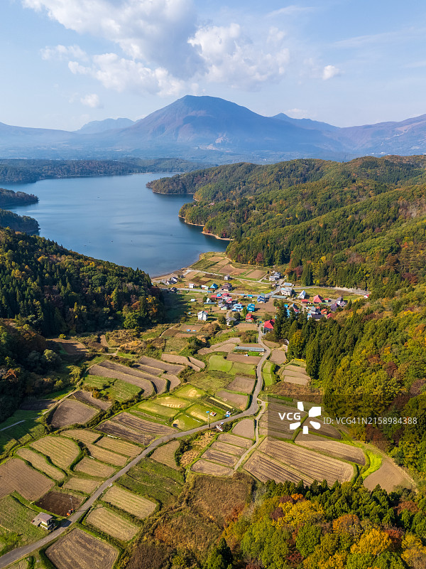日本长野县野尻湖的航拍景色图片素材