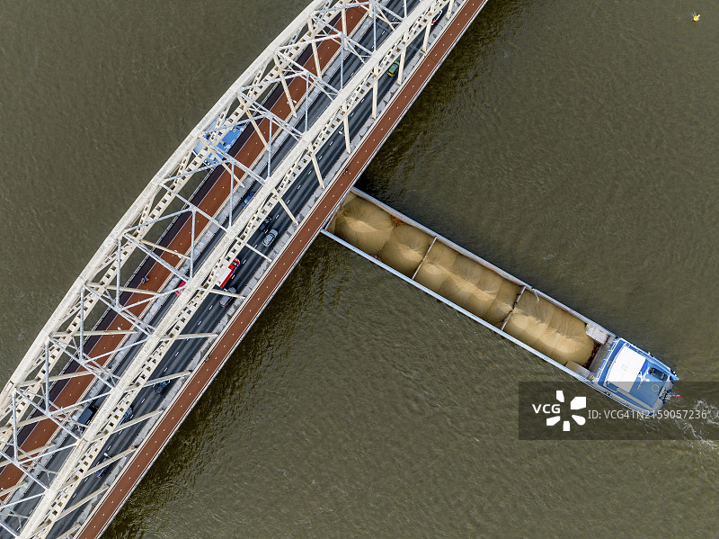 鸟瞰瓦尔河大桥，船只从桥下通过图片素材