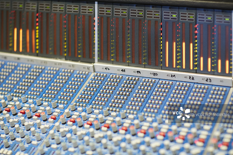 专业音频混音控制台特写，显示发光电平表图片素材