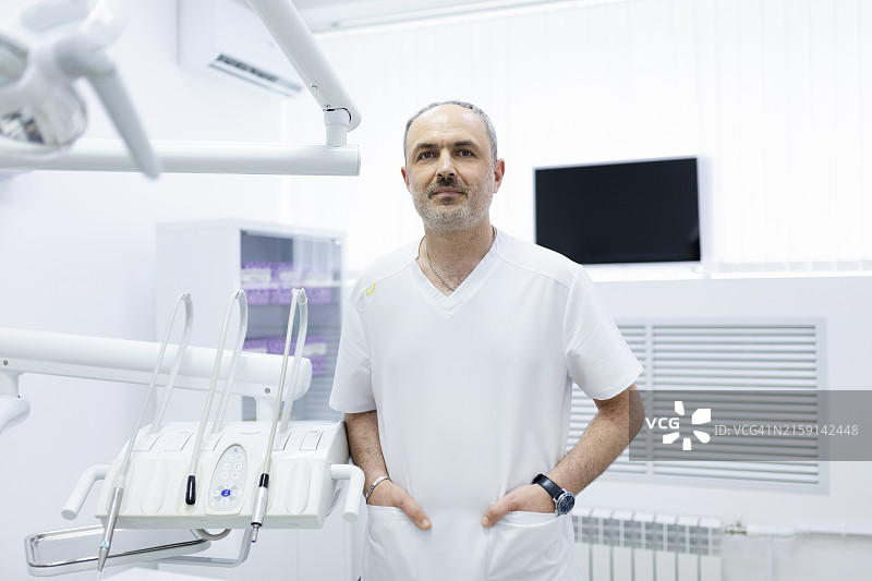 自信地站在现代牙科诊所的牙医，周围是最新的工具图片素材