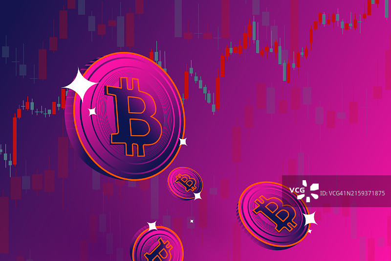 加密货币交易概念：霓虹灯背景上的比特币交易抽象图图片素材