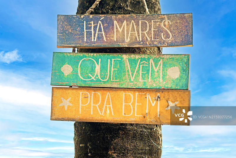 悬挂在树干上的励志标语图片素材