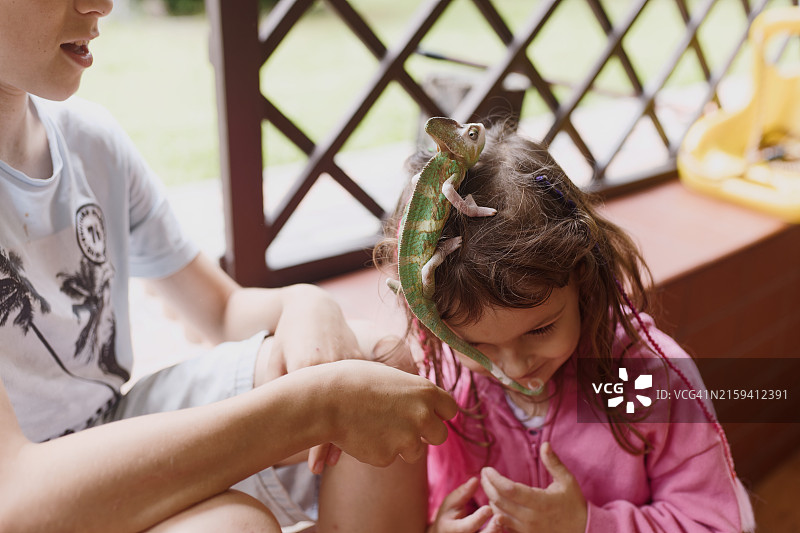 头顶变色龙的男孩和女孩图片素材