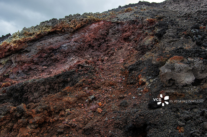 危地马拉埃斯昆特拉圣维森特帕卡亚火山周围熔岩地带地层上的彩色氧化物图片素材