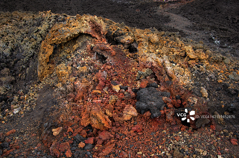 危地马拉埃斯昆特拉圣维森特帕卡亚火山周围熔岩地带地层上的彩色氧化物图片素材