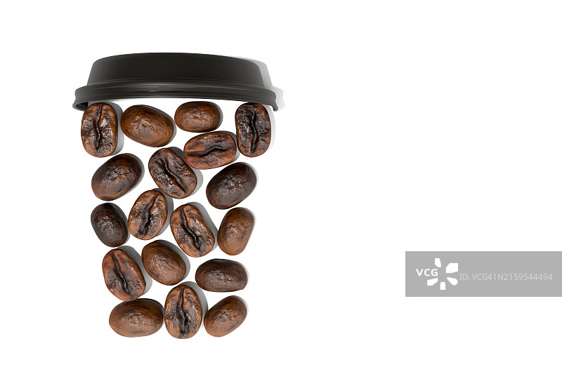 白色背景上由烤咖啡豆制成的咖啡杯：创意概念，外带咖啡，3D图案，设计元素，文本占位符图片素材
