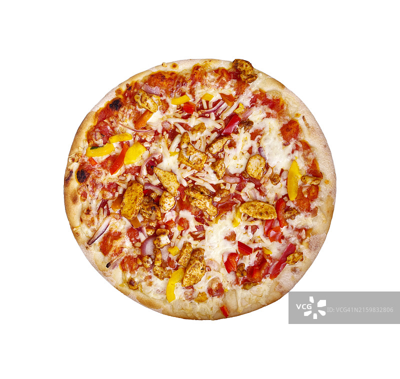 白色背景上的烤肉鸡肉披萨图片素材