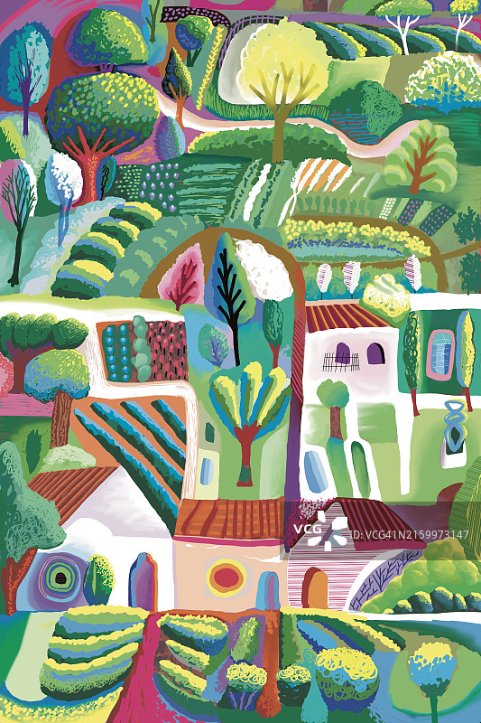 小花园村舍绘画插画图片素材