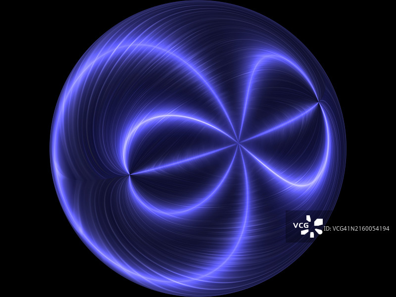 黑色背景上带有移动丁香色光轨迹的球体几何图形图片素材