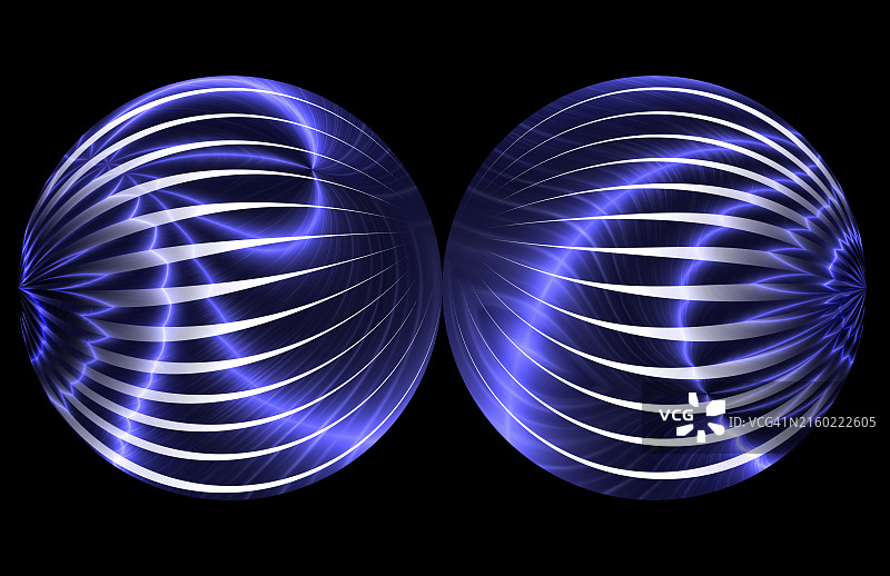 抽象背景：带有移动丁香色和银色光迹的几何球体图片素材