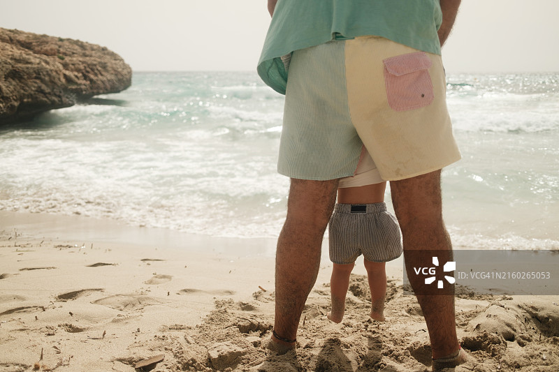 父子站在沙滩上欣赏海景图片素材