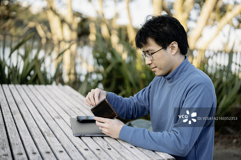 亚洲男人准备用钱包进行网上支付图片素材