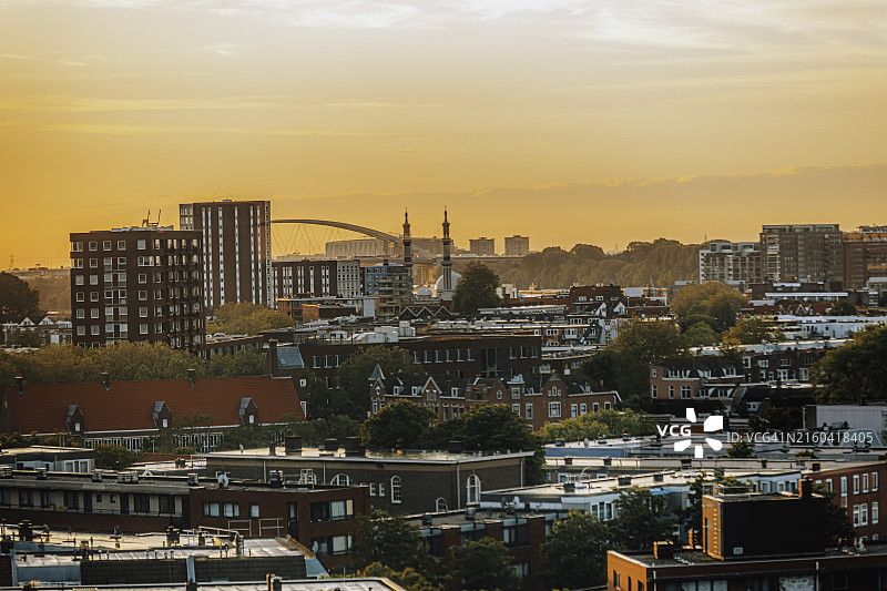 荷兰鹿特丹暮光下的城市景观航拍图片素材
