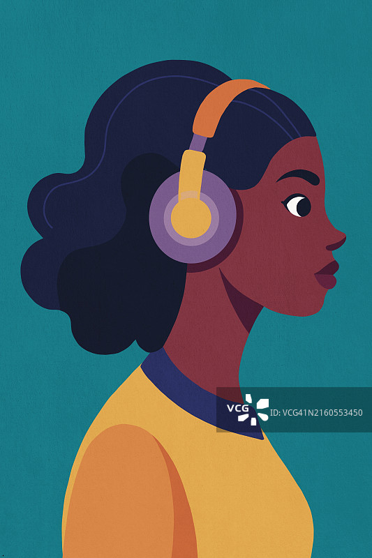 年轻女子在彩色背景下戴着耳机听音乐图片素材