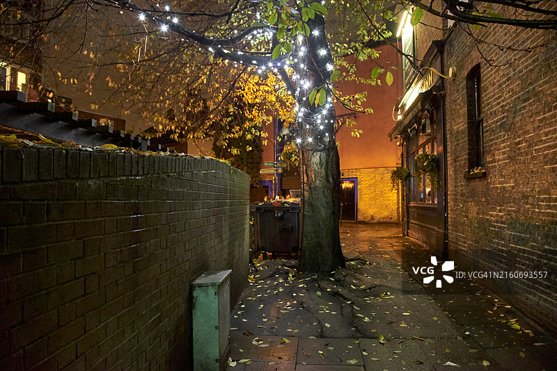 英国伦敦东南区伯蒙德赛夜间照明的巷道图片素材